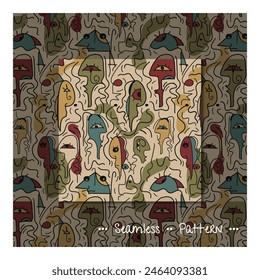 Vector illustration seamless pattern, Hand drawing abstract face, geometric shape, line with colorful color, inspired by Joan Miro style. Modern art graphic design for textile, wallpaper background