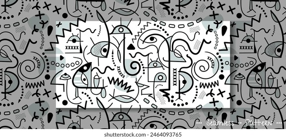 Patrón sin costuras de Ilustración vectorial, cara abstracta de dibujo a mano, ojo, forma geométrica, línea de dibujo en blanco y negro, inspirado en Joan Miro. Diseño gráfico de arte moderno para la moda, textil, fondo