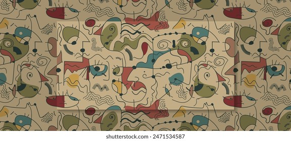 Vector illustration seamless pattern, Hand drawing abstract face, geometric shape, line with colorful color, inspired by Joan Miro style. Modern art graphic design for textile, wallpaper background