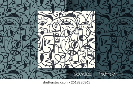 Ilustração de vetor padrão sem costura, Mão desenho abstrato face, olho, forma geométrica, preto e branco linha de desenho, inspirado por Joan Miro. Design gráfico de arte moderna para moda, têxtil, fundo