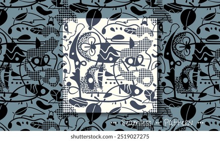 Ilustração de vetor padrão sem costura, Mão desenho abstrato face, olho, forma geométrica, preto e branco linha de desenho, inspirado por Joan Miro. Design gráfico de arte moderna para moda, têxtil, fundo