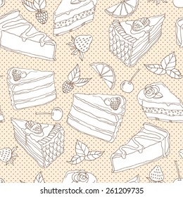 Vector illustration. Seamless pattern with hand drawn sketch pieces of cakes