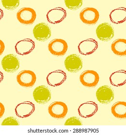 Vector illustration, seamless pattern with hand drawn oil pastel circles of different style in bright colors