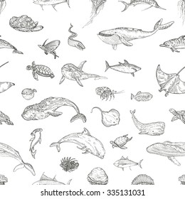 Vector illustration. Seamless pattern. Hand drawing: whales, dolphins, fish, turtles.