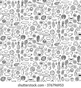 Vector illustration of seamless pattern with hand drawn vegetables and fruits elements