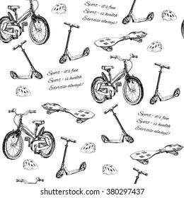 Vector illustration of seamless pattern of hand drawn baby bike,  Kick scooter, wave board and helmet. Template for wrapping paper