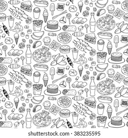 Vector illustration of seamless pattern with hand drawn fast food and drink elements