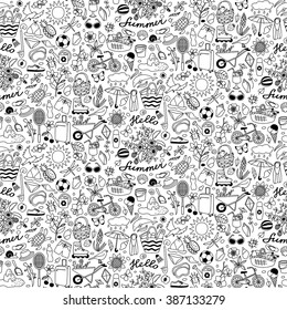 Vector illustration of seamless pattern with hand drawn doodle summer elements