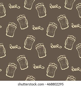 Vector illustration: Seamless pattern with hand drawn beer mugs on dark background.
