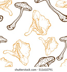 Vector illustration. Seamless pattern with hand drawn mushrooms. Wallpaper. Forest motive. 