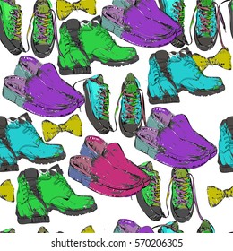 Vector illustration of Seamless pattern hand drawn graphic Men Footwear. Casual and sport style, gumshoes for man. Shoes for all seasons. Doodle Design isolated object for logo.