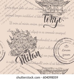 Vector illustration, seamless pattern with hand drawn Milan Cathedral, lettering Milan, hand drawn temple Senso-ji, lettering Tokyo and text