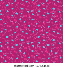 Vector illustration. Seamless pattern of hand drawn many little flowers on a purple background.