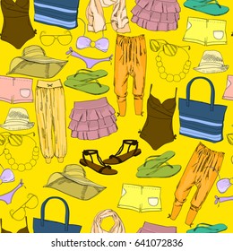 Vector illustration of seamless pattern with hand drawn Vacation clothes for women and girl. Pastel and natural summer color. Doodle background.