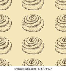 Vector illustration, seamless pattern with hand drawn outlines of bun with poppy on yellow background