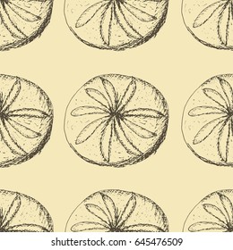 Vector illustration, seamless pattern with hand drawn outlines of round bread on yellow background