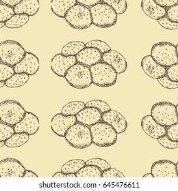 Vector illustration, seamless pattern with hand drawn outlines of bread in the shape of a flower on yellow background