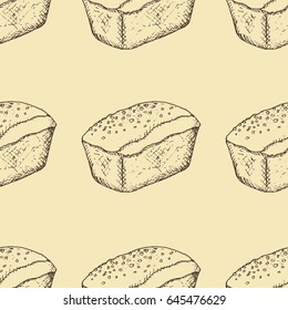 Vector illustration, seamless pattern with hand drawn outlines of rye bread on yellow background
