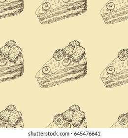 Vector illustration, seamless pattern with hand drawn outlines of chocolate cake with raspberries and blueberries on yellow background