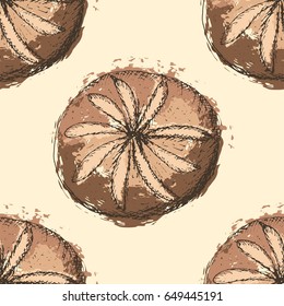 Vector illustration, seamless pattern with hand drawn outlines of round bread with abstract fill on yellow background