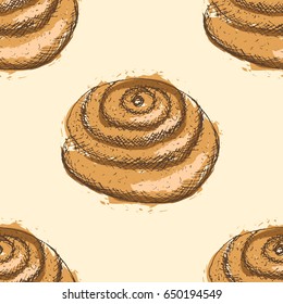 Vector illustration, seamless pattern with hand drawn outlines of bun with poppy, abstract brown fill, on yellow background