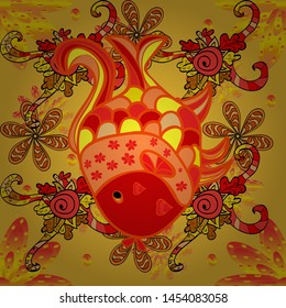 Vector illustration. Seamless pattern. Handdrawn. Fishes on orange, red and yellow. Reaver fish on colored background.