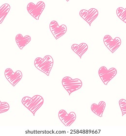 Vector illustration. Seamless pattern of hand-drawn pink hearts on a white background. Doodle, Valentine's Day background, love, happiness, template for postcard, wallpaper, website, banner