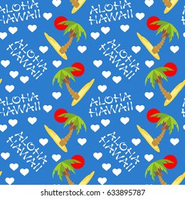 Vector illustration seamless pattern for Hawaii traveling. Tropical island with palm tree.