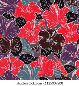 Vector illustration. Vector seamless pattern of Hawaiian Aloha Shirt seamless design in red, gray and purple colors.