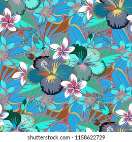 Vector illustration. Vector seamless pattern of Hawaiian Aloha Shirt seamless design in green, blue and pink colors.