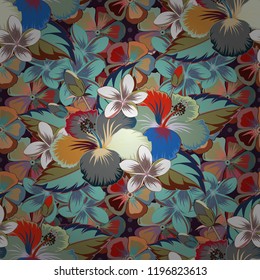 Vector illustration. Vector seamless pattern of Hawaiian Aloha Shirt seamless design in brown, gray and blue colors.