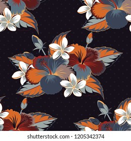 Vector illustration. Vector seamless pattern of Hawaiian Aloha Shirt seamless design in gray, blue and orange colors.