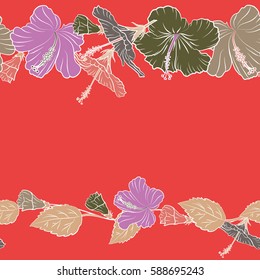 Vector illustration. Vector seamless pattern of Hawaiian Aloha Shirt seamless design in beige, pink and violet colors and copy space (place for your text).