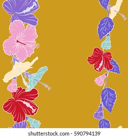 Vector illustration. Vector seamless pattern of Hawaiian Aloha Shirt seamless design in red, yellow and violet colors and copy space (place for your text).
