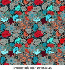 Vector illustration. Seamless pattern with hearts. Cartoon hearts love on blue, black and orange colors on cute background. Love card. Our love is magic.