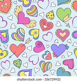 Vector illustration of seamless pattern with hearts and other elements