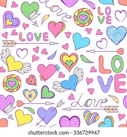 Vector illustration of seamless pattern with hearts and other elements