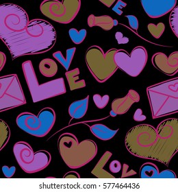 Vector illustration. It is vector seamless pattern hearts, love text and love letter in violet, purple and brown colors. On a black background for valentine day.