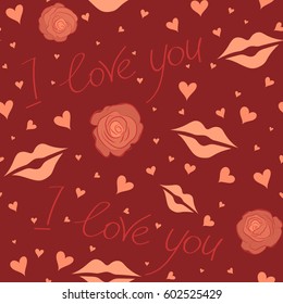 Vector illustration. Seamless pattern of hearts, rose flower, love letter and love text on a red background.