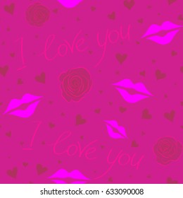 Vector illustration. Seamless pattern of hearts, love letter, rose flower and love text in a magenta and pink colors.