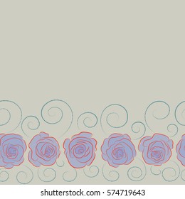 Vector illustration. Seamless pattern with horizontal abstract neutral, blue and orange stylized roses with copy space (place for your text).