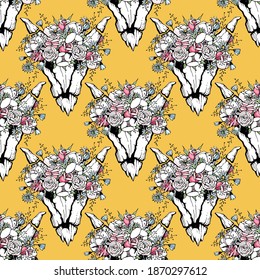 Vector illustration of seamless pattern with horn masks with flowers.