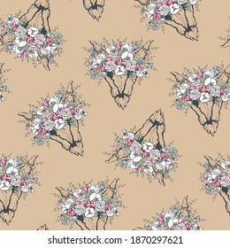Vector illustration of seamless pattern with horn masks with flowers.