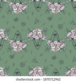 Vector illustration of seamless pattern with horn masks with flowers.