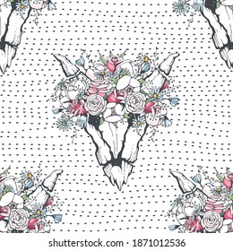 Vector illustration seamless pattern and horn masks and flowers 