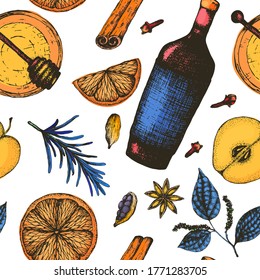 Vector illustration seamless pattern hot winter mulled wine alcoholic drink. Bright ingredients and spices for mulled wine in sketch style for wrapping, packaging, menu design
