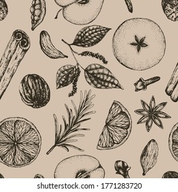 Vector illustration seamless pattern hot winter mulled wine alcoholic drink on vintage background. Sketch-style mulled wine ingredients and spices for wrapping, packaging, menu design
