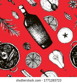 Vector illustration seamless pattern hot winter alcoholic drink mulled wine on a red background. Ingredients and spices for mulled wine in sketch style for wrapping, packaging, menu design.