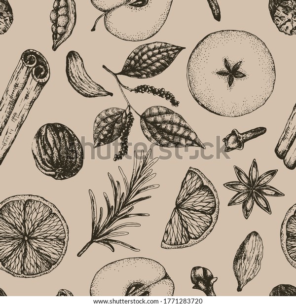 Vector\
illustration seamless pattern hot winter mulled wine alcoholic\
drink on vintage background. Sketch-style mulled wine ingredients\
and spices for wrapping, packaging, menu\
design