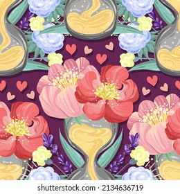 Vector illustration, seamless pattern with hourglass, peonies, flowers, dark background